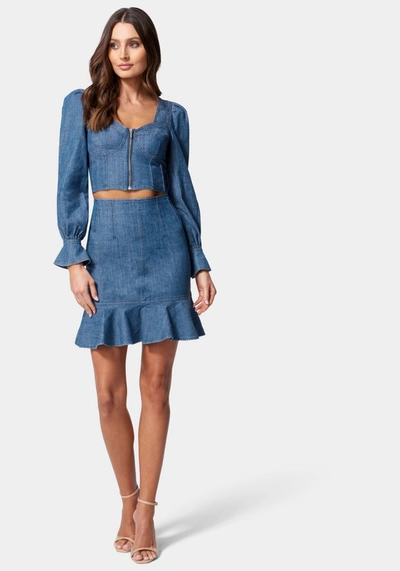 Bebe Multi Dart Denim Flared Skirt In Med Blue Wash