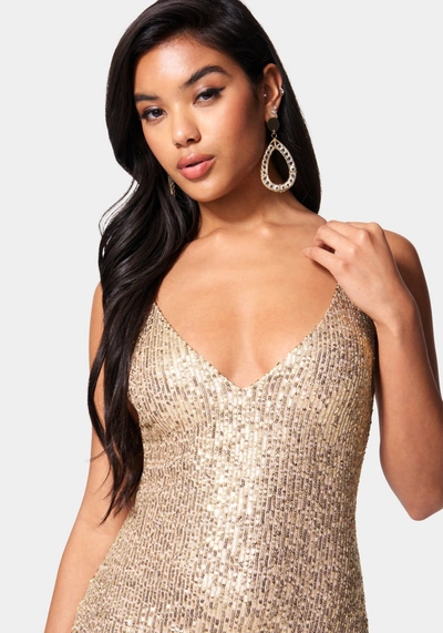 Shop Bebe High Slit Sequin Midi Dress In Gold