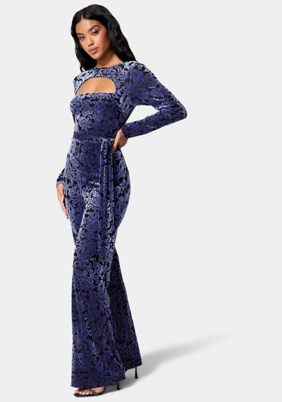 Bebe Velvet Burnout Jumpsuit In Blue,black
