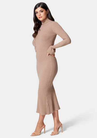 Bebe Bell Sleeve Turtleneck Midi Dress In Camel