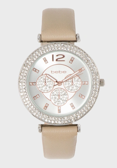 Bebe Taupe & Silver Crystal Bezel Watch In Taupe & Silver