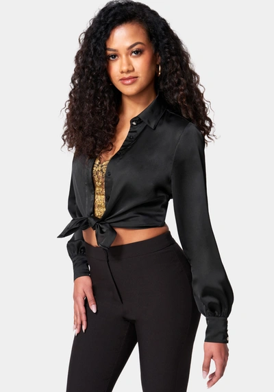 Bebe Satin Button Down Blouse In Black