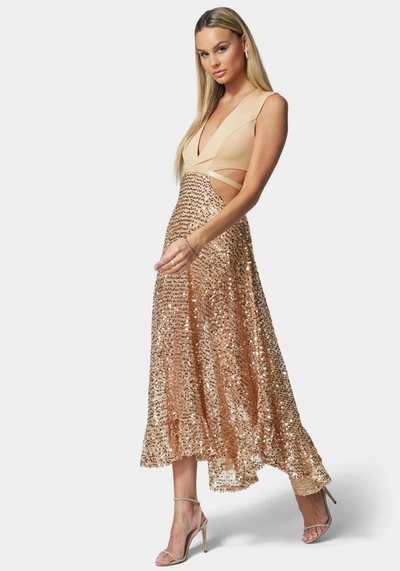 Bebe Side Cutout Mesh & Sequin Gown In Camel,champange