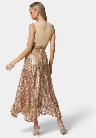 Bebe Side Cutout Mesh & Sequin Gown In Camel,champange