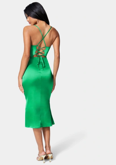 Bebe Strappy Satin Midi Dress In Emerald