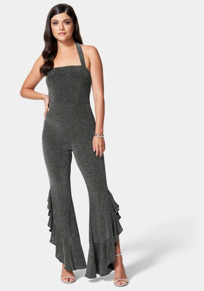 Shop Bebe Glitter Knit Ruffle Leg Jumpsuit In Gunmetal