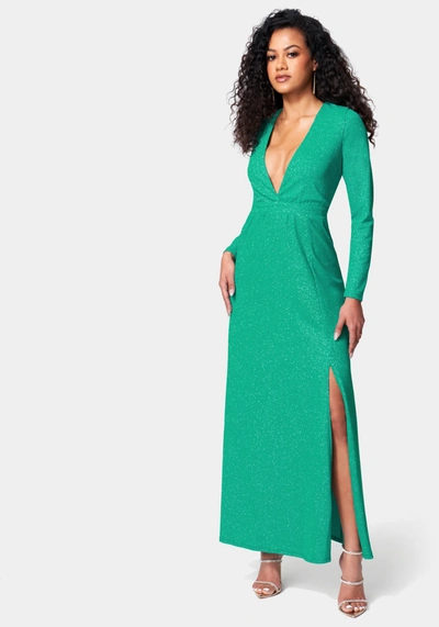 Shop Bebe Lurex Deep V Maxi Dress In Alpine Green
