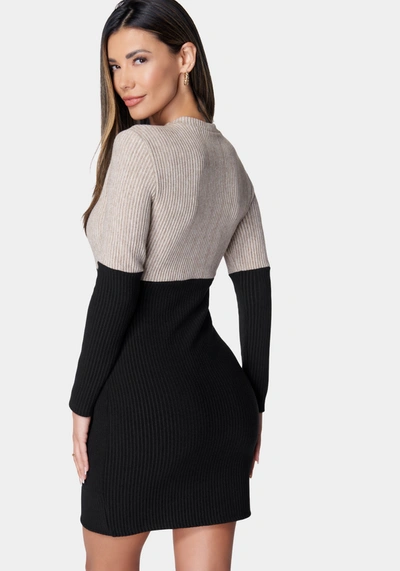 Shop Bebe Two Tone Long Sleeve Sweater Dress In Camel,black
