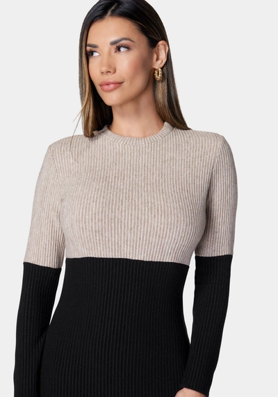 Shop Bebe Two Tone Long Sleeve Sweater Dress In Camel,black