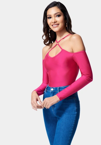 Bebe Cold Shoulder Ring Detail Top In Pink Peacock