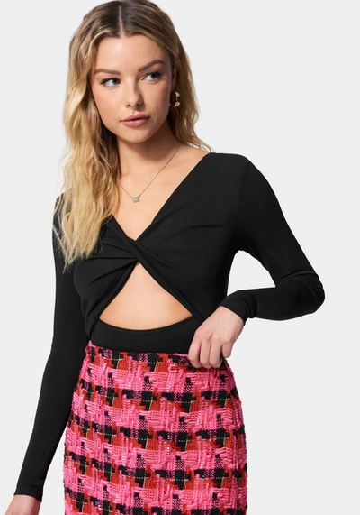 Bebe Twist Front Long Sleeve Bodysuit In Black