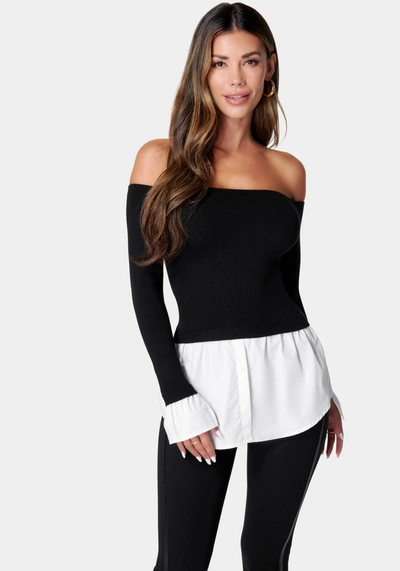 Shop Bebe Poplin Off Shoulder Sweater Top In Black,white Alyssum