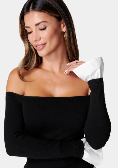 Shop Bebe Poplin Off Shoulder Sweater Top In Black,white Alyssum