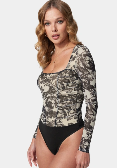 Bebe Mesh Long Sleeve Ruched Bodysuit In Sketch Floral Print