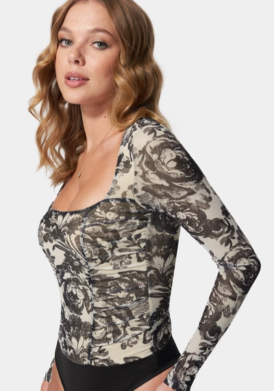 Bebe Mesh Long Sleeve Ruched Bodysuit In Sketch Floral Print