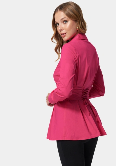 Bebe Poplin Corset Detail Long Sleeve Blouse In Pink