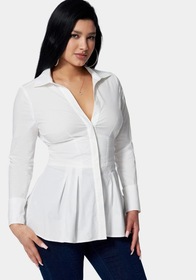 Shop Bebe Poplin Corset Detail Long Sleeve Blouse In White Alyssum