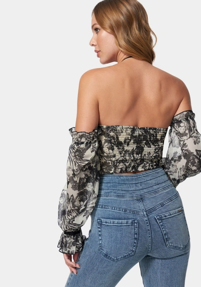 Bebe Cropped Puff Sleeve Cinched Blouse In Print