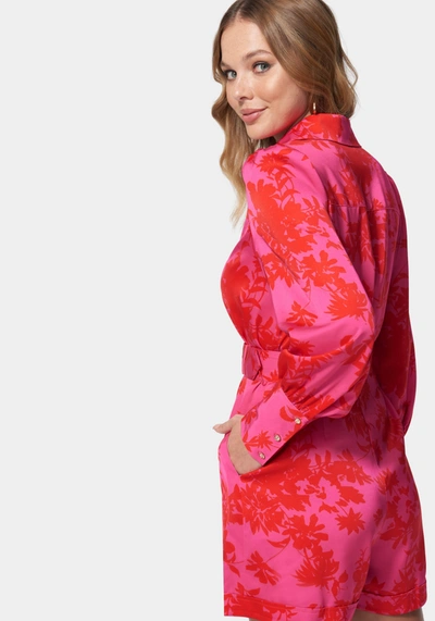 Bebe Satin Button Down Romper In Two Tone Print
