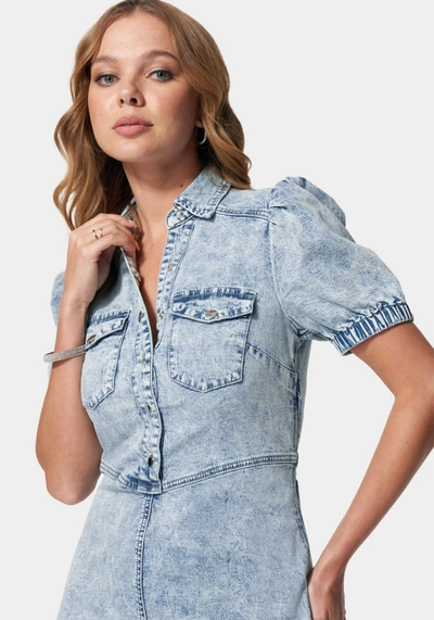 Bebe Denim Button Down Puff Sleeve Dress In New Acid Wash