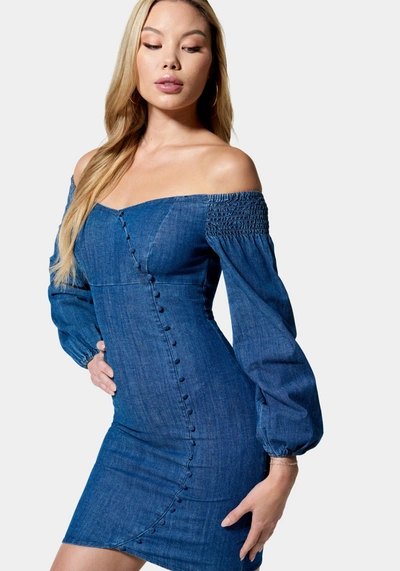 Bebe Denim Cold Shoulder Button Detail Dress In Medium Blue