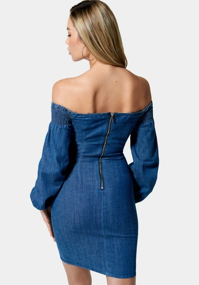 Bebe Denim Cold Shoulder Button Detail Dress In Medium Blue