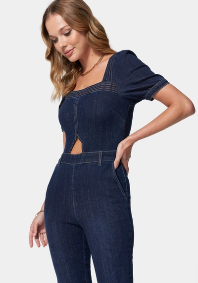 Bebe Denim Cut Out Detail Wide Leg Jumpsuit In Dark Indigo