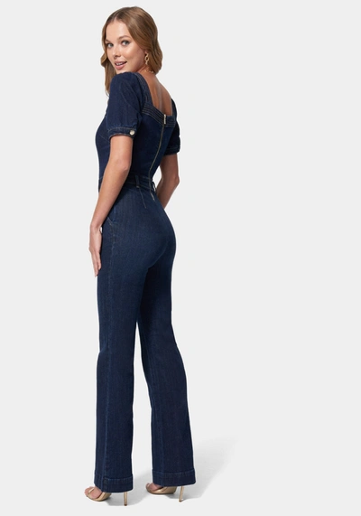 Bebe Denim Cut Out Detail Wide Leg Jumpsuit In Dark Indigo