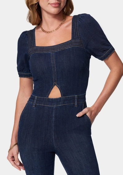 Bebe Denim Cut Out Detail Wide Leg Jumpsuit In Dark Indigo
