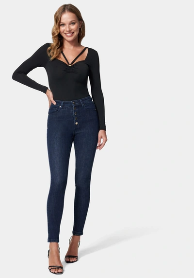 Bebe High Waist Button Down Jeans In Dark Indigo