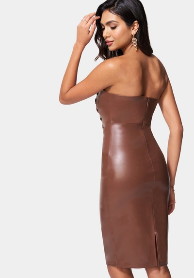 Shop Bebe Vegan Leather Strapless Corset Midi Dress In Hot Chocolate