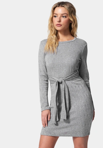 Shop Bebe Tie Waist Cable Knit Dress In Heather Grey