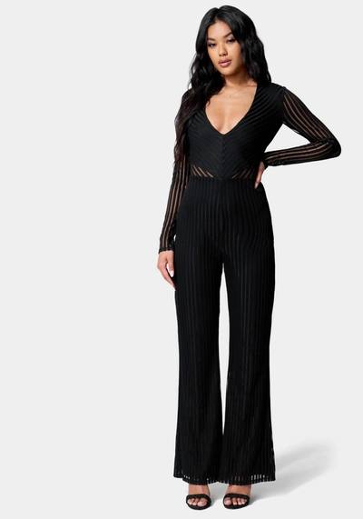 Bebe Stripe Mesh Illusion Jumpsuit In Jet Black