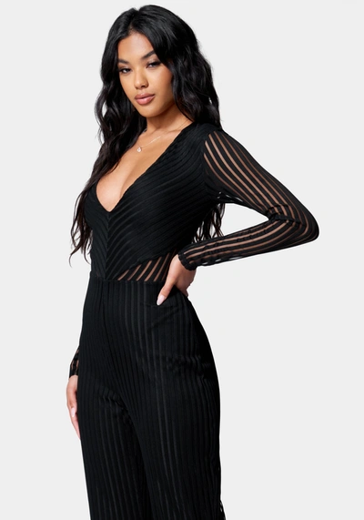 Bebe Stripe Mesh Illusion Jumpsuit In Jet Black