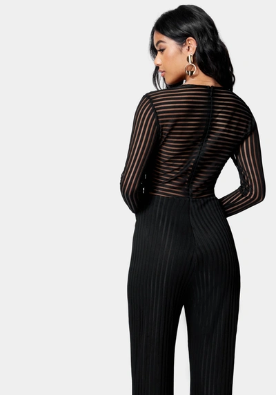 Bebe Stripe Mesh Illusion Jumpsuit In Jet Black