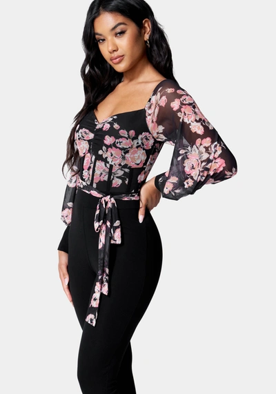 Bebe Printed Mesh Off Shoulder Catsuit In Modern Love,black