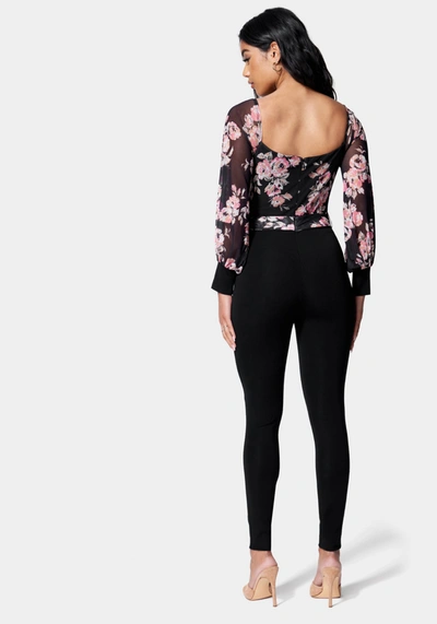 Bebe Printed Mesh Off Shoulder Catsuit In Modern Love,black