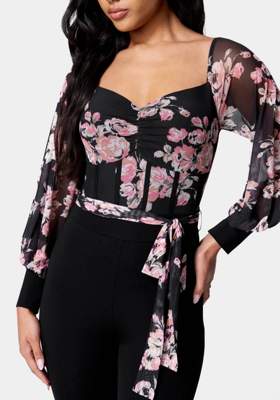 Bebe Printed Mesh Off Shoulder Catsuit In Modern Love,black