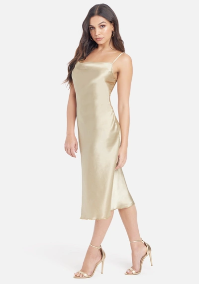 Bebe Satin Cowl Neck Slip Midi Dress In Gold