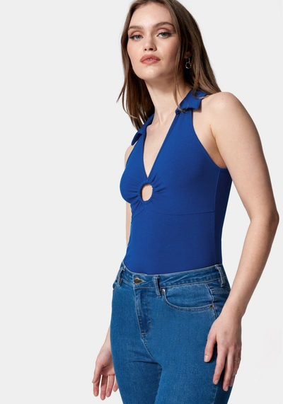 Bebe Cold Shoulder Ring Detail Knit Top In Galactic Cobalt