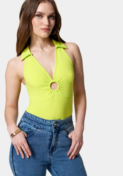 Bebe Cold Shoulder Ring Detail Knit Top In Cyber Lime