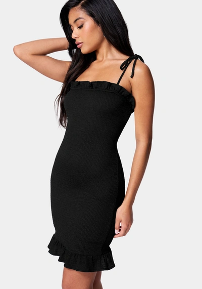 Shop Bebe Tie Strap Crinkle Mini Dress In Black