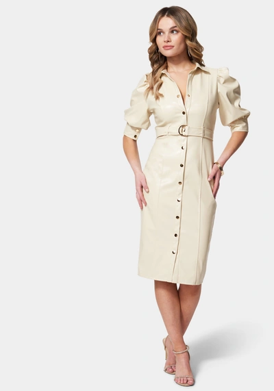 Shop Bebe Faux Leather Shirt Dress In Cream