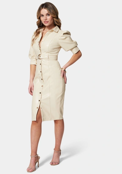 Shop Bebe Faux Leather Shirt Dress In Cream