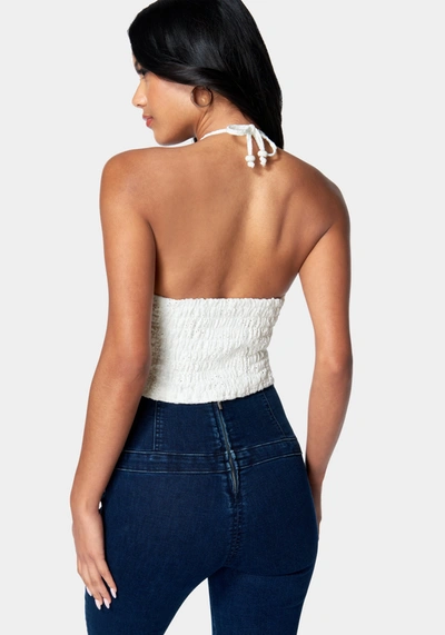 Bebe Eyelet Tie Back Ruched Halter Top In White Alyssum