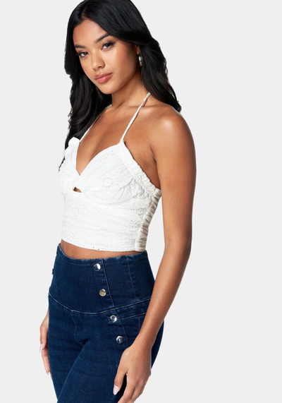 Bebe Eyelet Tie Back Ruched Halter Top In White Alyssum