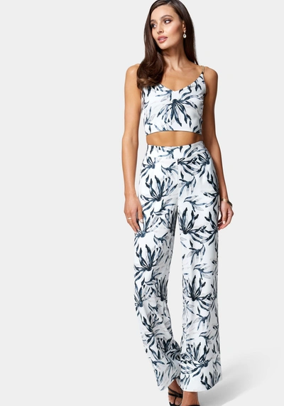 Bebe Reversible Satin Chain Strap Lace Up Back Top In 2 Tone Foliage Print