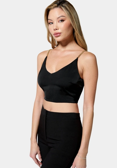 Bebe Reversible Satin Chain Strap Lace Up Back Top In 2 Tone Foliage Print