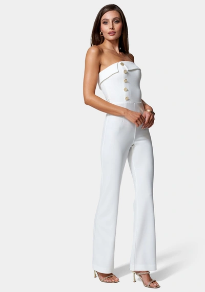 Shop Bebe Knit Crepe Strapless Button Detail Wide Leg Jumpsuit In White Alyssum