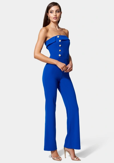 Shop Bebe Knit Crepe Strapless Button Detail Wide Leg Jumpsuit In Galactic Cobalt